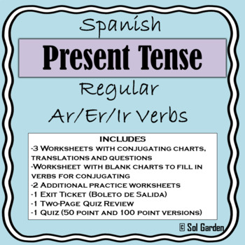 Preview of Spanish Present Tense Review Worksheets- 10 pages with quiz review and quiz