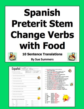 Preview of Spanish Preterit Stem Change Verb Sentences With Food, Meals, and Adverbs