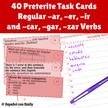 Preview of Spanish Preterite Verbs Regular & Car Gar Zar Verbs Task Card Relay Game