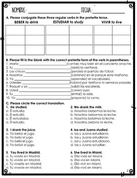 Preterite Tense Quiz or Worksheet Printable Spanish Assessment