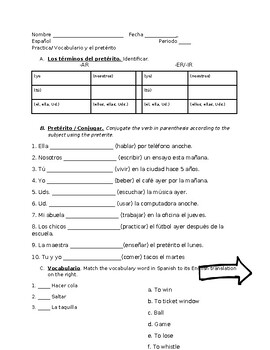 Preview of Spanish Preterite and Vocabulary Practice Worksheet