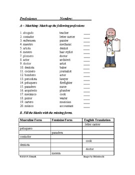 spanish professions vocabulary worksheet profesiones spanish 1 jobs work