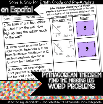 Preview of Spanish Pythagorean Theorem Find the Leg Word Problems | Solve and Snip®