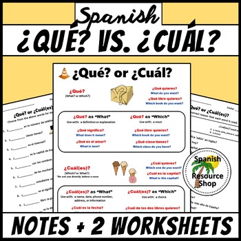 Preview of Spanish Question Words Que vs. Cual Notes and Practice Worksheets