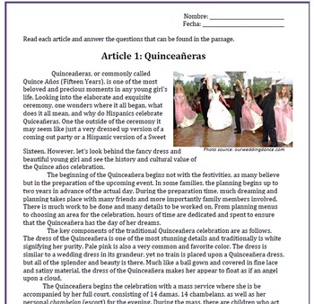 Preview of Spanish Quinceañeras: Reading and Substitute Plan
