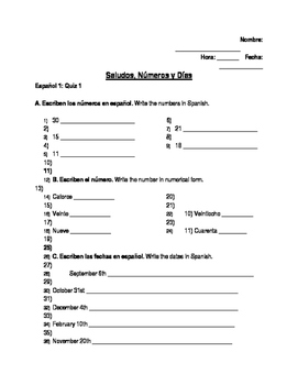 Preview of Spanish Quiz or Worksheet: Greetings, Numbers, Days & Dates
