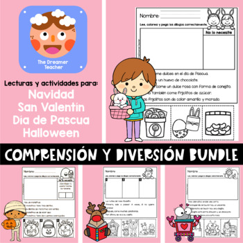 Preview of Spanish Reading Comprehension Bundle: Halloween, Christmas, Valentines & Easter