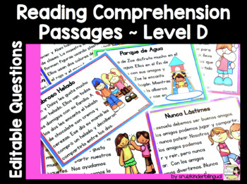 Preview of Spanish Reading Comprehension Passages Editable Questions Level D