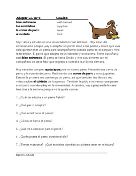 Spanish Reading on Adopting a Dog: Adoptar un perro Lectura **FREEBIE**