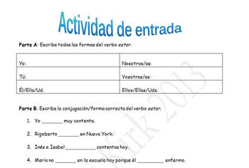 Spanish Realidades 1 2B Estar Entry Activity/Exit Ticket | TpT