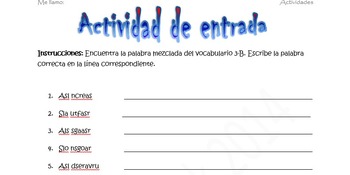 Spanish Realidades 1 3-B Vocabulary Word Scramble (11 words/phrases)