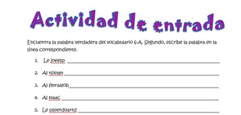 Spanish Realidades 1 6-A Vocabulary Word Scramble (10 words/phrases)