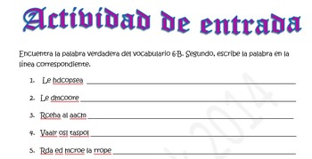 Spanish Realidades 1 6-B Vocabulary Word Scramble (10 words/phrases)
