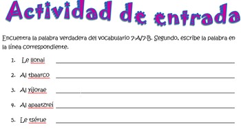 Spanish Realidades 1 7-A/7-B Vocabulary Word Scramble (12 words/phrases)