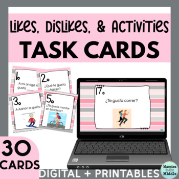 Preview of Spanish Realidades 1A Likes Dislikes Activities Task Cards Digital and Printable
