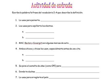 Spanish Realidades 2A Vocabulary Definition Entry/Exit Activity | TPT