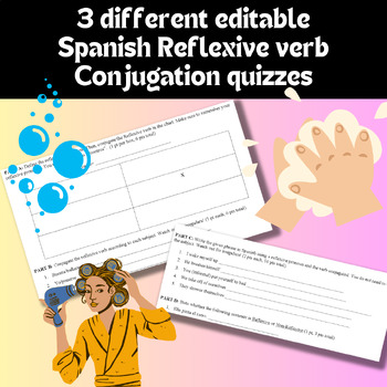 Preview of Spanish Reflexive Verb Quiz Conjugations, 3 editable quizzes