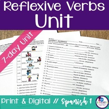 Preview of Spanish Reflexive Verbs Unit - print and digital daily routine activities