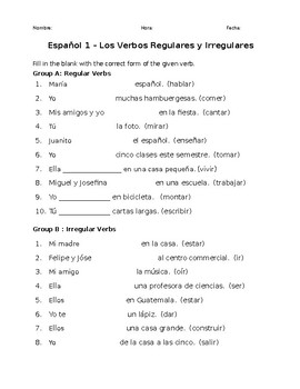 Preview of Spanish Regular & Irregular Present Tense Verb Quiz