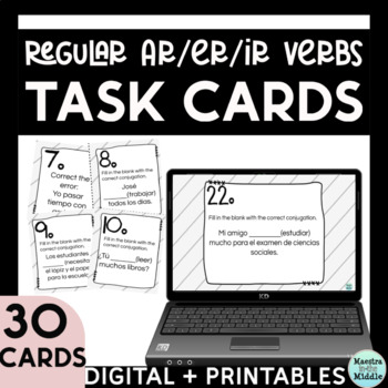 Preview of Spanish Regular Present Tense AR ER IR Verbs Task Cards Digital and Printables