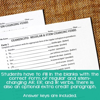 spanish regular stem changing ar er ir verbs quiz