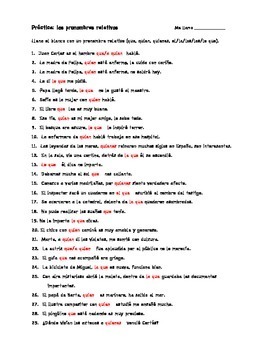Spanish Relative Pronoun Practice Worksheet by Jennifer Elizabeth