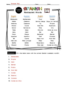 spanish restaurant vocabulary word list worksheet answer key tpt