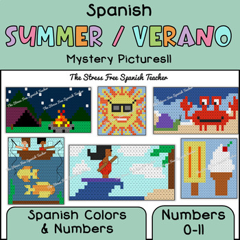 Preview of Spanish SUMMER Color By Number Mystery Pictures EL VERANO no prep worksheets