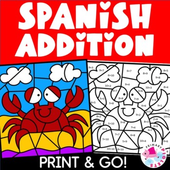 Preview of Spanish Summer Color by Number Code Addition Within 10 & 20 Coloring Pages