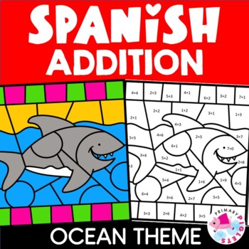 Preview of Spanish Summer Ocean Color by Number Code Addition within 10 & 20 Coloring Pages