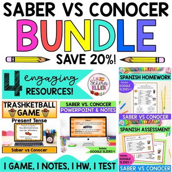 Preview of Spanish Saber vs Conocer Bundle | Spanish Notes Test Game and Homework