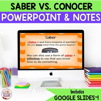 Preview of Spanish Saber vs Conocer PowerPoint and Guided Notes Google Slides™