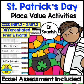 Preview of Spanish Saint Patrick's Place Value Math Activities and Digital Assessment