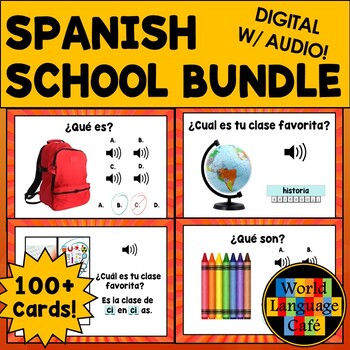 Preview of SPANISH SCHOOL SUPPLIES BOOM CARDS ⭐ Spanish Digital Flashcards ⭐Back to School