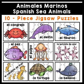 Spanish Sea Animals 10 - Piece Jigsaw Puzzle Animales Marinos Version 2