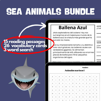 Preview of Spanish Sea Animals Reading comprehension passages -  Sub Plans - BUNDLE