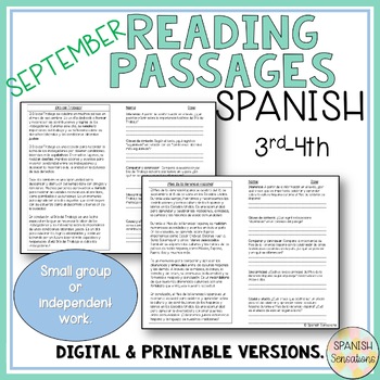 Preview of Spanish September Reading Comprehension Passages 3rd-4th Comprensión Lectoras