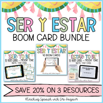 Preview of Spanish Ser and Estar Boom Card Digital Task Cards Bundle