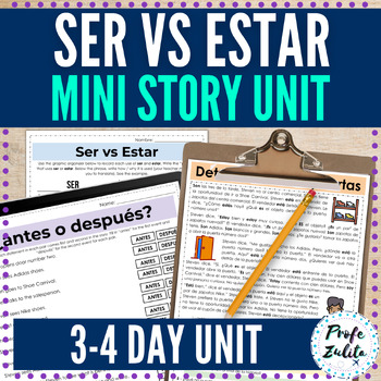 Preview of Spanish Ser vs Estar in Context Short Story + 4 Reading Comprehension Activities