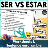 Spanish Ser vs Estar worksheet | Spanish Ser vs Estar sent