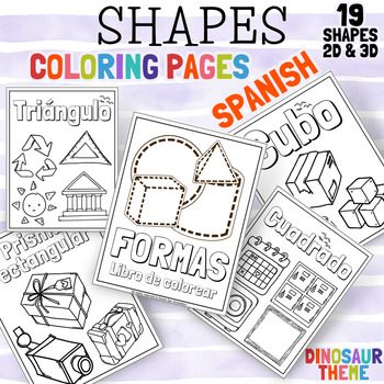 Preview of Spanish Shapes Coloring Pages in 2D & 3D Worksheets - Dinosaurs Theme Printable