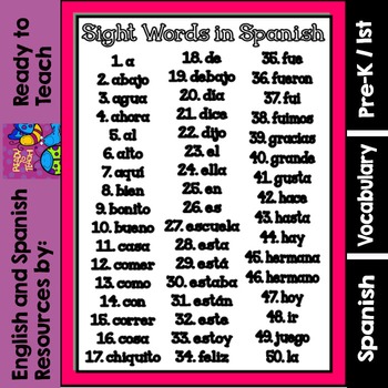 Spanish Sight Words - Printables Set 1 (50 words) | TpT