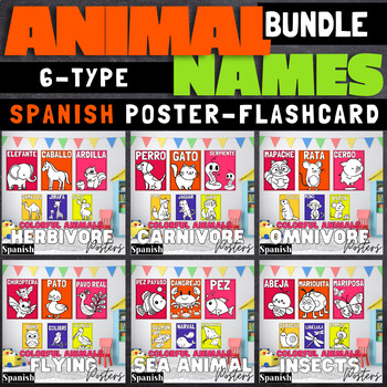 Preview of Spanish Six Animal Types Rainbow Poster & Flashcard with Names Land, Sky & Ocean