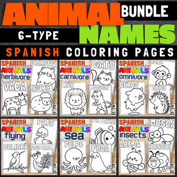 Preview of Spanish Six Animal Types with Names Coloring Pages From Land, Sky To Ocean