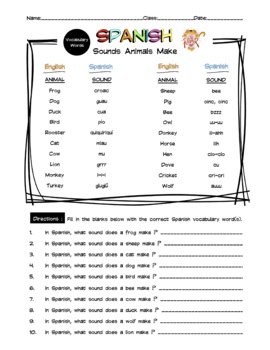 Spanish Sounds Animals Make Vocabulary Word List Worksheet & Answer Key