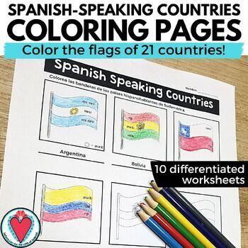 Preview of Spanish Speaking Countries Coloring Flags Worksheets - Spanish Colors Activity