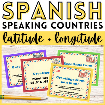 Preview of Spanish Speaking Countries Latitude Longitude Task Cards Map Skills Activity