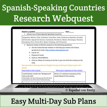 Preview of Spanish Speaking Countries Project - Spanish Sub Plans