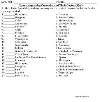Spanish-Speaking Countries and Capitals Project, Fun Activities, and Quiz