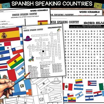 Preview of Spanish Speaking Countries Wordsearch,Word Scramble,Puzzle, Flags Coloring Page